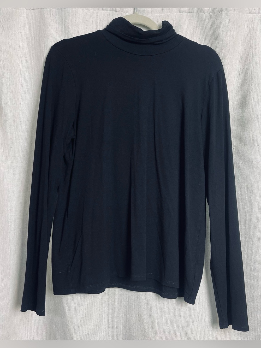 Eileen Fisher Black Turtleneck Top L Stretch Knit Minimalist Rayon Draped Chic